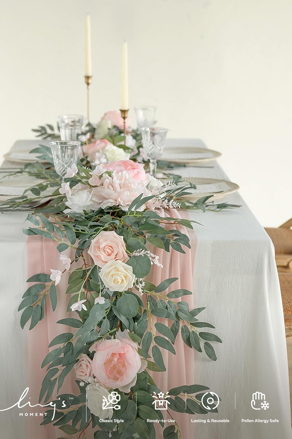 Ling's Moment Pink Artificial Flower Garland Wedding Arch 6 FT | Blush Rose & Eucalyptus, Greenery, Sweetheart Table Decor, Floral Garland for Mantle, Centerpieces, Backdrop