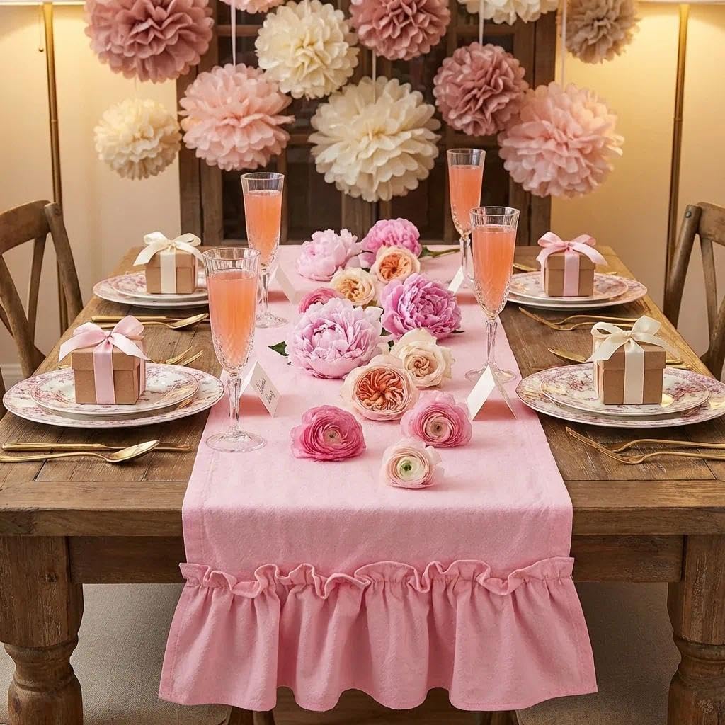 yuboo Pink Farmhouse Ruffle Table Runner, Shabby Pastel Table Runner for Baby Shower Kitchen Party Wedding, Coquette Spring Table Runners 12x54 Inches Rustic Table Decor