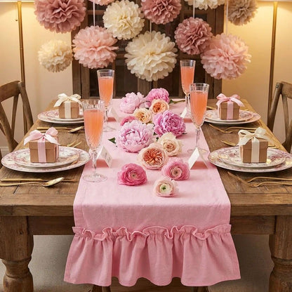 yuboo Pink Farmhouse Ruffle Table Runner, Shabby Pastel Table Runner for Baby Shower Kitchen Party Wedding, Coquette Spring Table Runners 12x54 Inches Rustic Table Decor