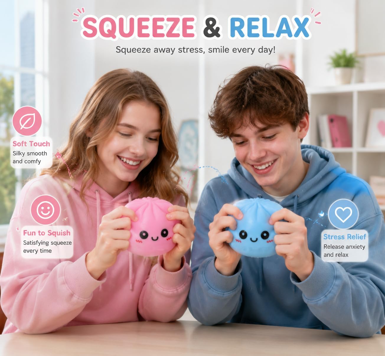 Pink Dumpling Squishies with Box,Squishies Dumplings Stress Relief Balls Fidget Sensory Toy,Bao Bun with Food Steamer Stretchy Desk Squeeze Toys