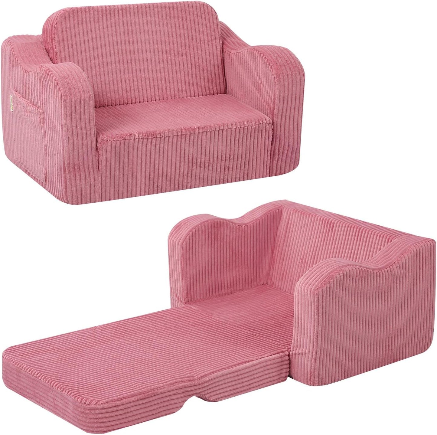 MeMoreCool Corduroy Pink Kids Chair, 2-in-1 Kids Couch Fold Out to Recliner for Girls, Comfy Foam Sofa for Ages 3+ with Washable Cover for Playroom and Bedroom