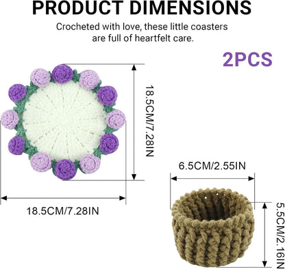 1 Set Handmade Crochet Flower Bouquet Coasters, Mini Knitted Roses Potted Decor for Tabletop, Crochet Flower Coaster Set for Home Birthday Gift for Mom Women