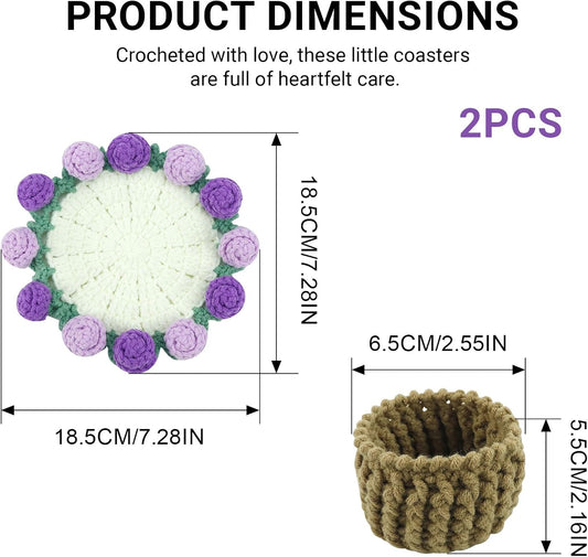 1 Set Handmade Crochet Flower Bouquet Coasters, Mini Knitted Roses Potted Decor for Tabletop, Crochet Flower Coaster Set for Home Birthday Gift for Mom Women