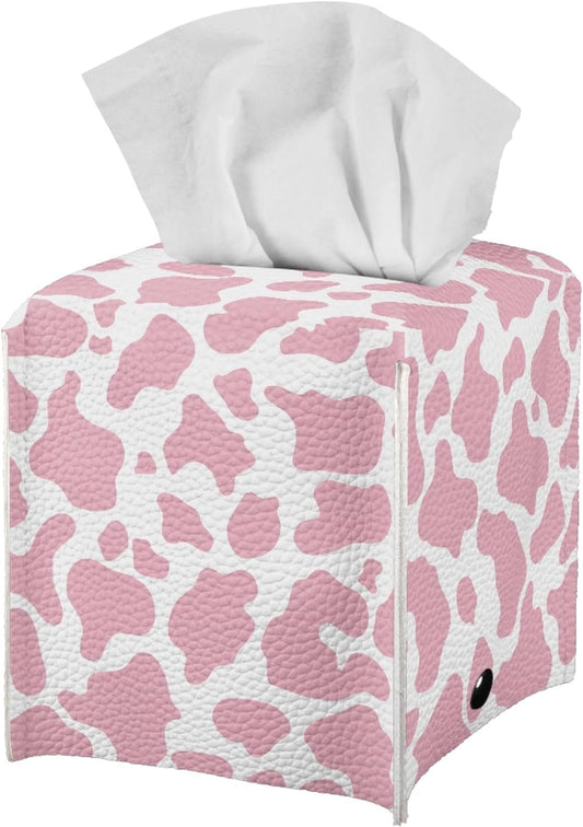 Pink Cow Print PU Leather Tissue Box Cover Square Facial Tissue Holder Facial Paper Organizer Dispenser for Bathroom,Vanity Countertop,Tabletop,Car