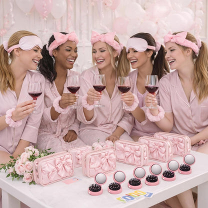 Yebo 64 Pcs Pink Bow Spa Party Favors for Women and Girls, 8 Set Sleepover Spa Party Supplies with Sleep Eye Mask, Wristband, Scrunchie, Bow Headband, Mirror, Hair Comb and Gift Bags