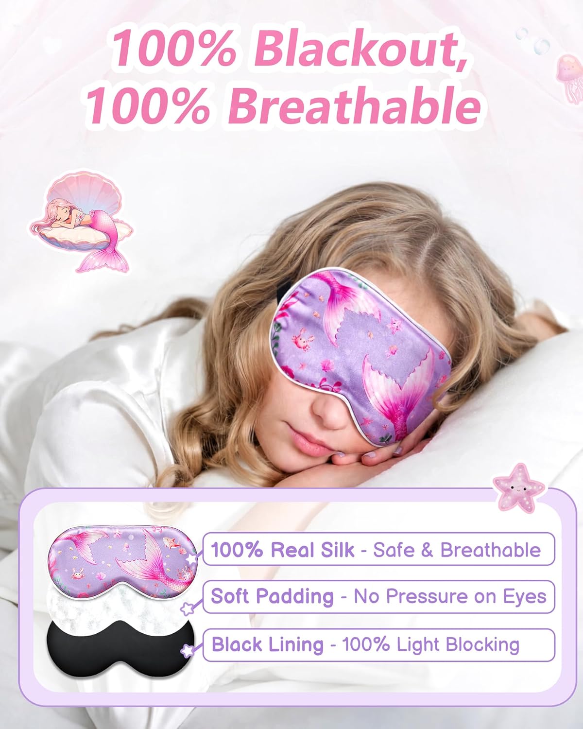 BeeVines Kids 100% Real Mulberry Silk Sleep Mask 2 Pack, Original Design Pure Silk Sleeping Eye Masks for Girls, Skin-friendly Blackout Eye Cover, Adjustable Strap, Reduce Puffy Eyes, for Travel Gifts