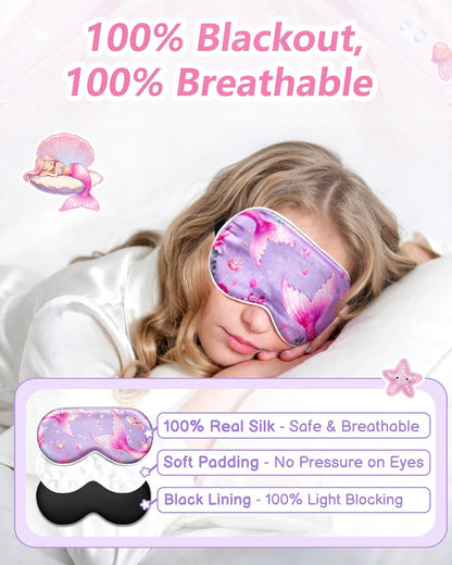 BeeVines Kids 100% Real Mulberry Silk Sleep Mask 2 Pack, Original Design Pure Silk Sleeping Eye Masks for Girls, Skin-friendly Blackout Eye Cover, Adjustable Strap, Reduce Puffy Eyes, for Travel Gifts