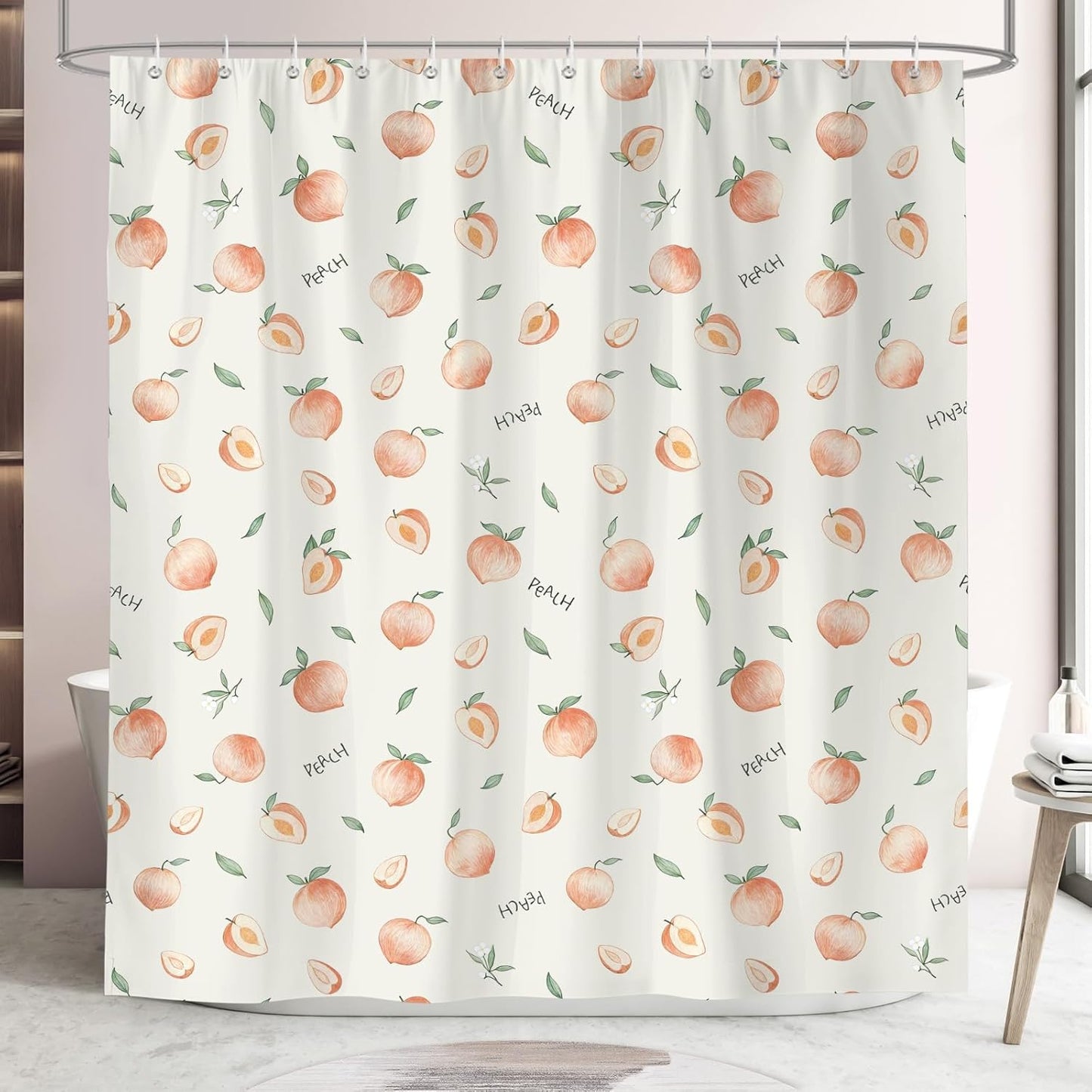 Peach Shower Curtain, Cute Allover Fruits Design 72 x 72 Inch Peachy Pink Waterproof Polyester Fabric Shower Curtain with 12 Hooks
