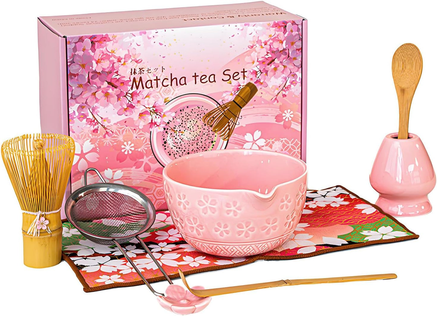 GarveeHome Japanese Matcha Tea Set – 8-Piece Chawan Ceremony Kit with Ceramic Spout Bowl, Wooden Whisk, Scoop, Sifter, Holder, Tea Towel – Great for Beginners & Enthusiasts – Pink, 24×17.5×10.5cm
