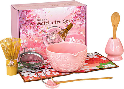 GarveeHome Japanese Matcha Tea Set – 8-Piece Chawan Ceremony Kit with Ceramic Spout Bowl, Wooden Whisk, Scoop, Sifter, Holder, Tea Towel – Great for Beginners & Enthusiasts – Pink, 24×17.5×10.5cm