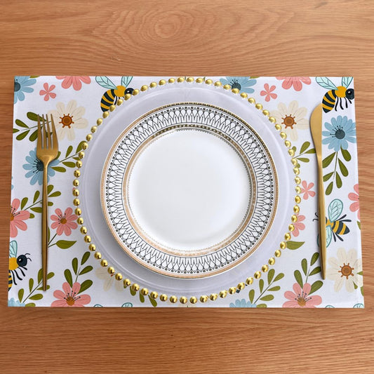 Spring Pink Floral Fabric Placemats Set of 4 Green Leaves Kitchen Dining Table Decoration Washable Polyester Light Blue Flower Cloth Place Mats Outdoor Patio Party Table Decor