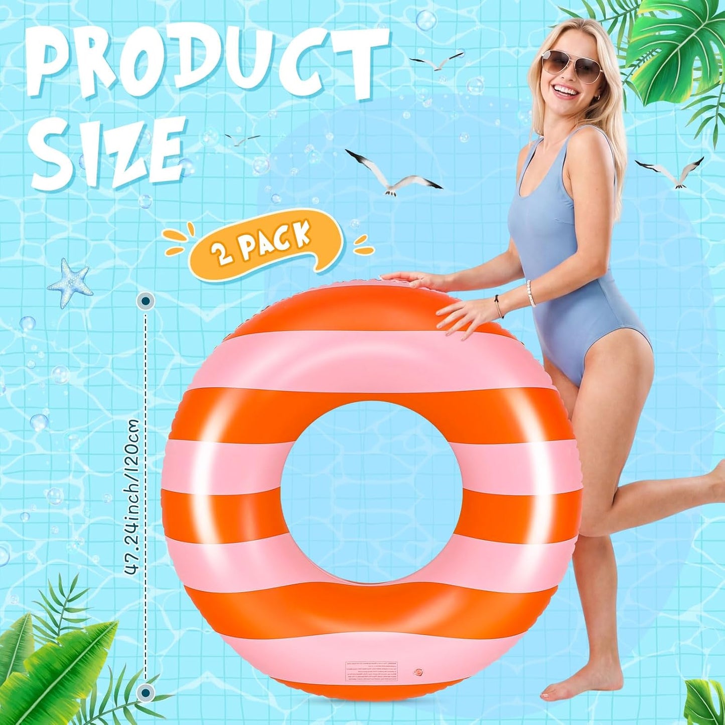 Silipull 2 Pcs Large Adult Float Tube 47.24 Inches Stripe Inflatable Swim Pool Ring Floats Single Sided Pink Orange Stripe Pool Tube Swimming Ring for Adults Beach Bachelorette Summer Wedding