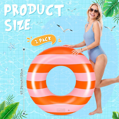 Silipull 2 Pcs Large Adult Float Tube 47.24 Inches Stripe Inflatable Swim Pool Ring Floats Single Sided Pink Orange Stripe Pool Tube Swimming Ring for Adults Beach Bachelorette Summer Wedding