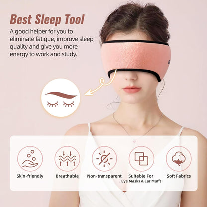 Plush Sleep Mask - Adjustable Headband, 2 in 1 Eye & Ear Mask for Men & Women, Soft Eye Cover for Side Sleepers (Pink)
