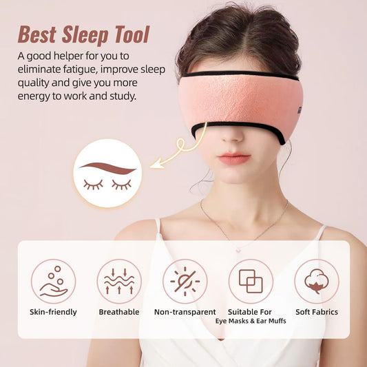 Plush Sleep Mask - Adjustable Headband, 2 in 1 Eye & Ear Mask for Men & Women, Soft Eye Cover for Side Sleepers (Pink)