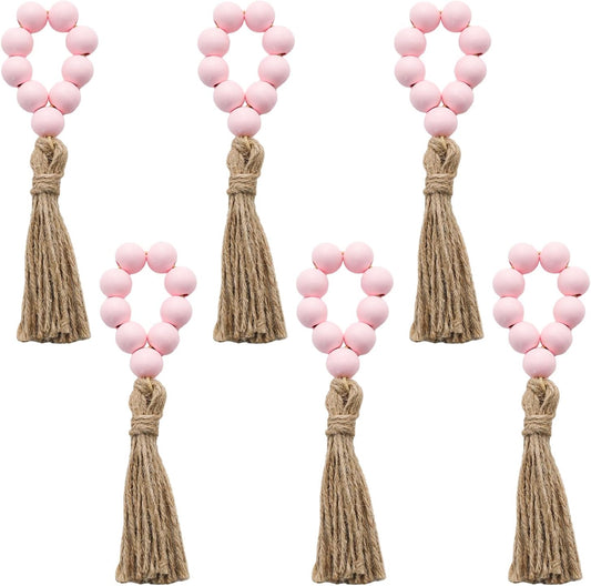 6 Pcs Pink Beaded Napkin Ring Holders Boho Wooden Napkin Rings for Table Decorations