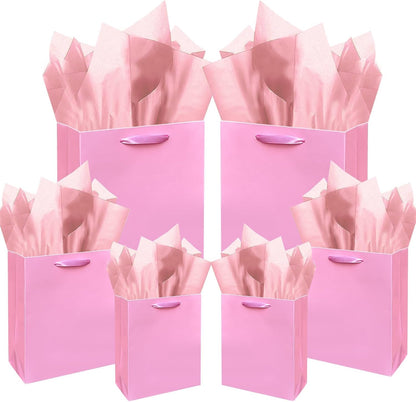Pink Gift Bags with Tissue Paper Mulit Assorted Sizes 10PCS Present Party Favor Birthday Bags(2pcs Large 13", 4pcs Medium 9", 4pcs Small 6" Bags,Tissue Paper)