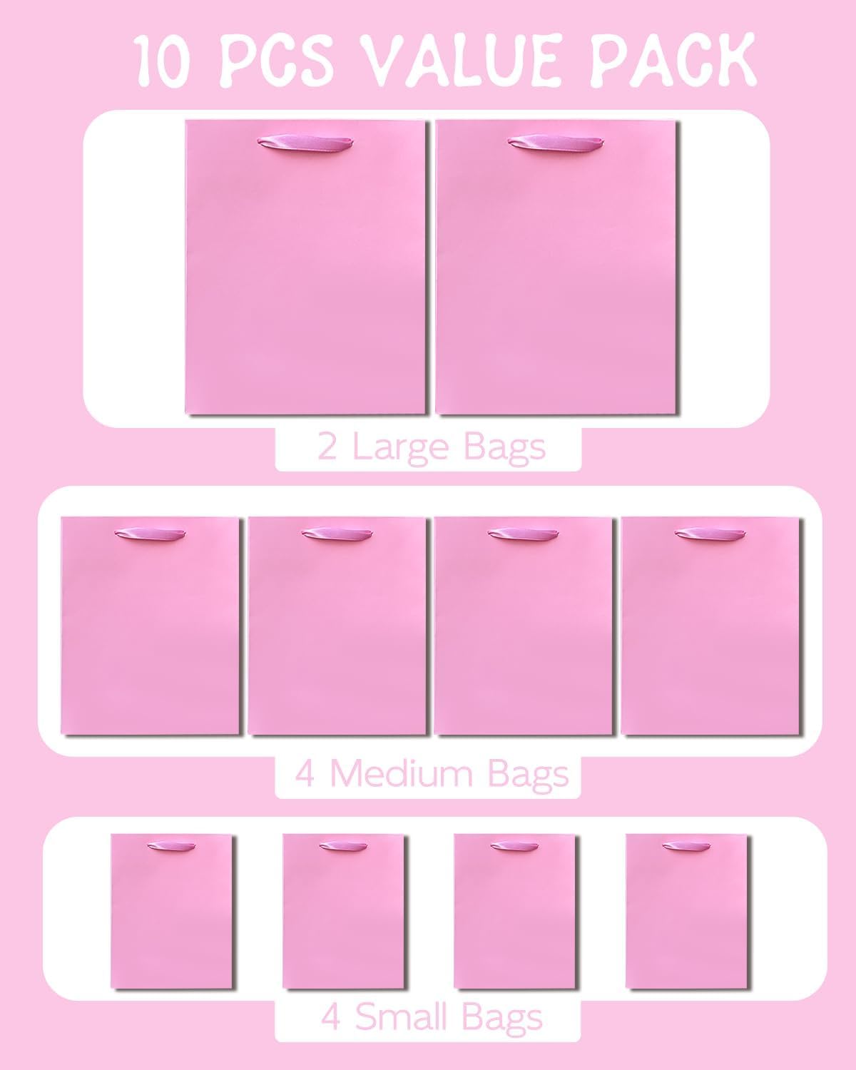 Pink Gift Bags with Tissue Paper Mulit Assorted Sizes 10PCS Present Party Favor Birthday Bags(2pcs Large 13", 4pcs Medium 9", 4pcs Small 6" Bags,Tissue Paper)