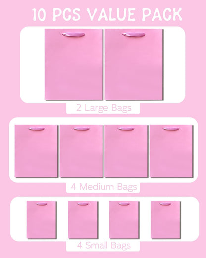 Pink Gift Bags with Tissue Paper Mulit Assorted Sizes 10PCS Present Party Favor Birthday Bags(2pcs Large 13", 4pcs Medium 9", 4pcs Small 6" Bags,Tissue Paper)