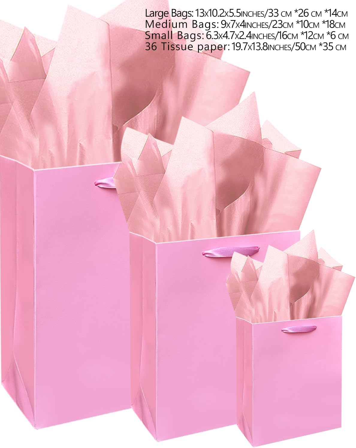 Pink Gift Bags with Tissue Paper Mulit Assorted Sizes 10PCS Present Party Favor Birthday Bags(2pcs Large 13", 4pcs Medium 9", 4pcs Small 6" Bags,Tissue Paper)