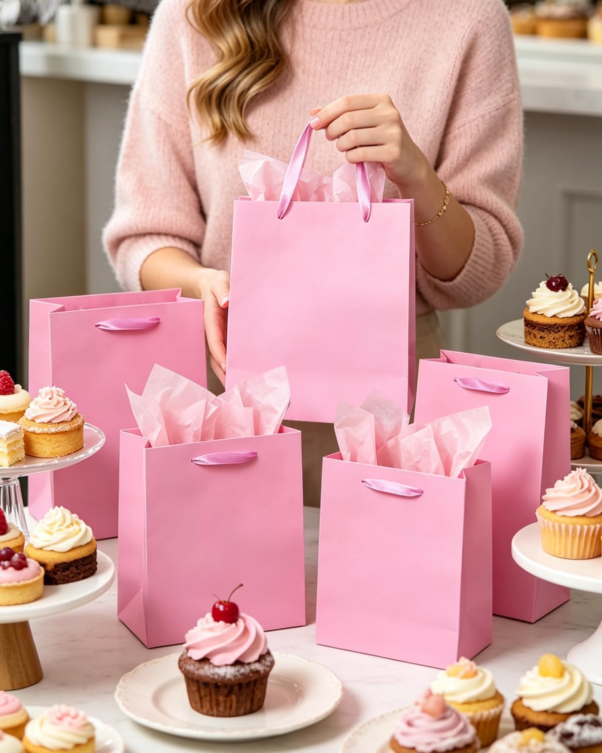 Pink Gift Bags with Tissue Paper Mulit Assorted Sizes 10PCS Present Party Favor Birthday Bags(2pcs Large 13", 4pcs Medium 9", 4pcs Small 6" Bags,Tissue Paper)