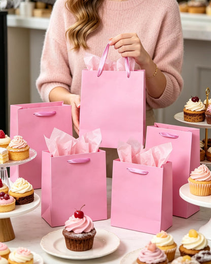 Pink Gift Bags with Tissue Paper Mulit Assorted Sizes 10PCS Present Party Favor Birthday Bags(2pcs Large 13", 4pcs Medium 9", 4pcs Small 6" Bags,Tissue Paper)