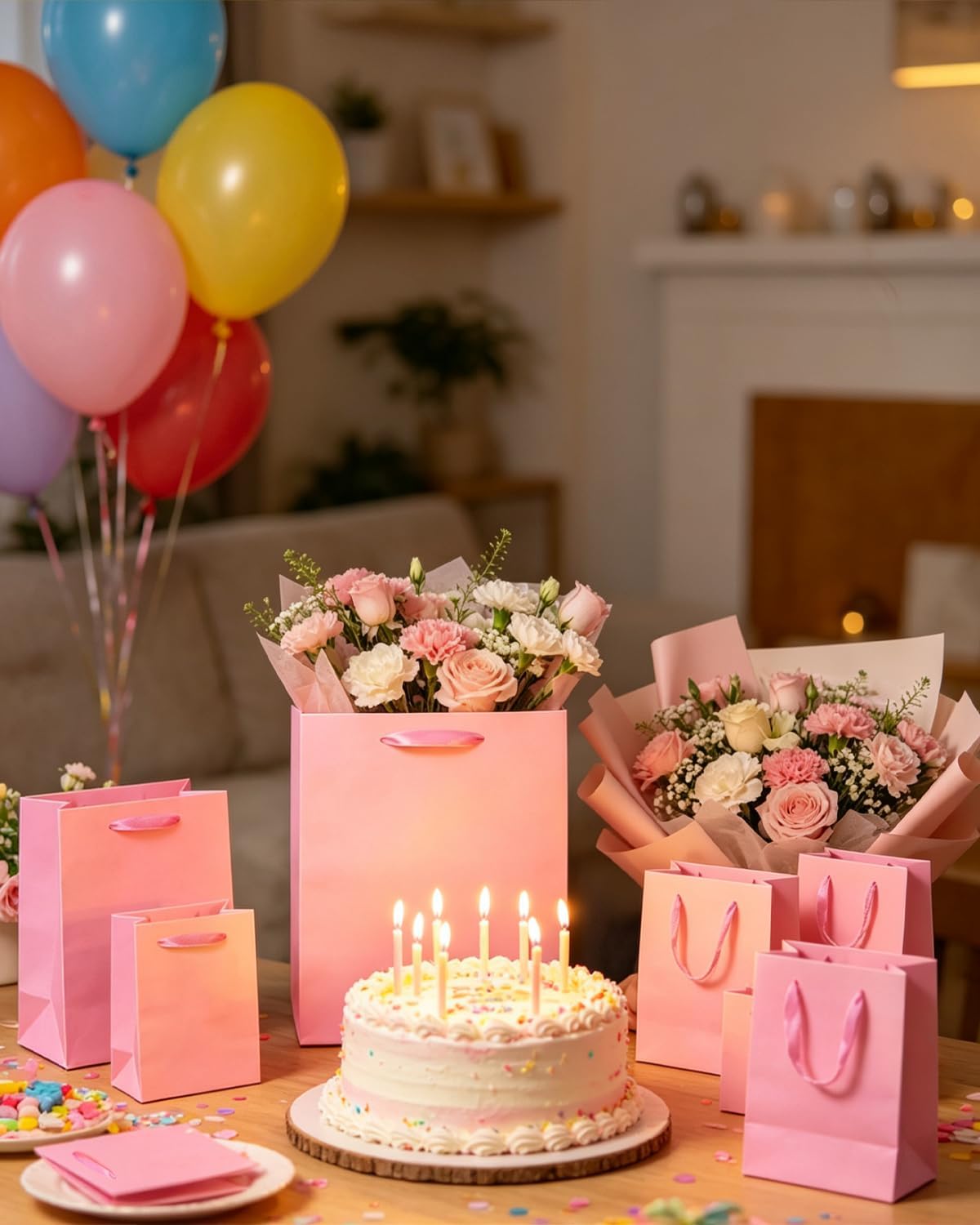 Pink Gift Bags with Tissue Paper Mulit Assorted Sizes 10PCS Present Party Favor Birthday Bags(2pcs Large 13", 4pcs Medium 9", 4pcs Small 6" Bags,Tissue Paper)