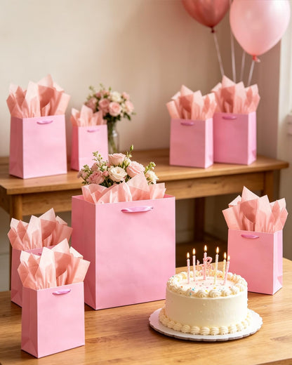 Pink Gift Bags with Tissue Paper Mulit Assorted Sizes 10PCS Present Party Favor Birthday Bags(2pcs Large 13", 4pcs Medium 9", 4pcs Small 6" Bags,Tissue Paper)