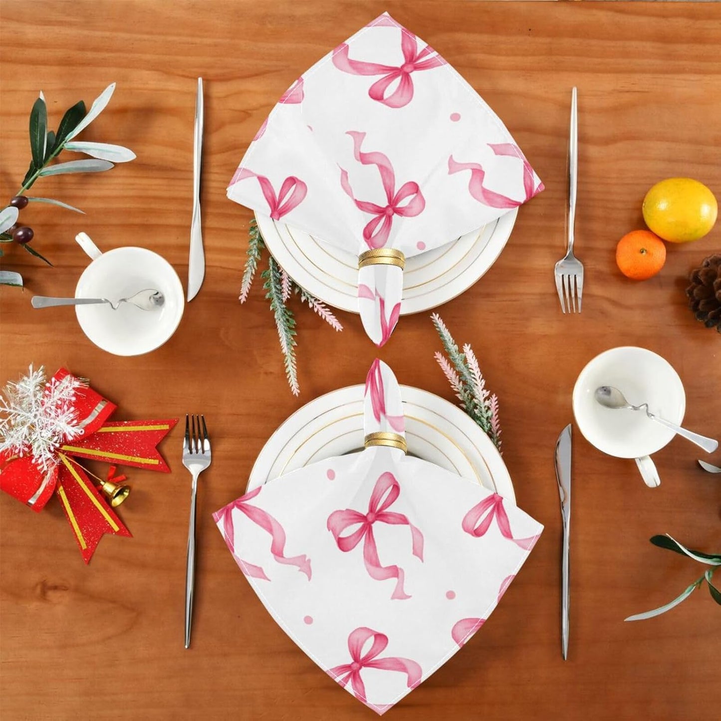 Cloth Napkins 4PCS, Pink Ribbon Bow Dots Pattern 20x20 Inch Reusable Dinner Washable Soft Absorbent Square Napkins for Dining Kitchen Party Decoration