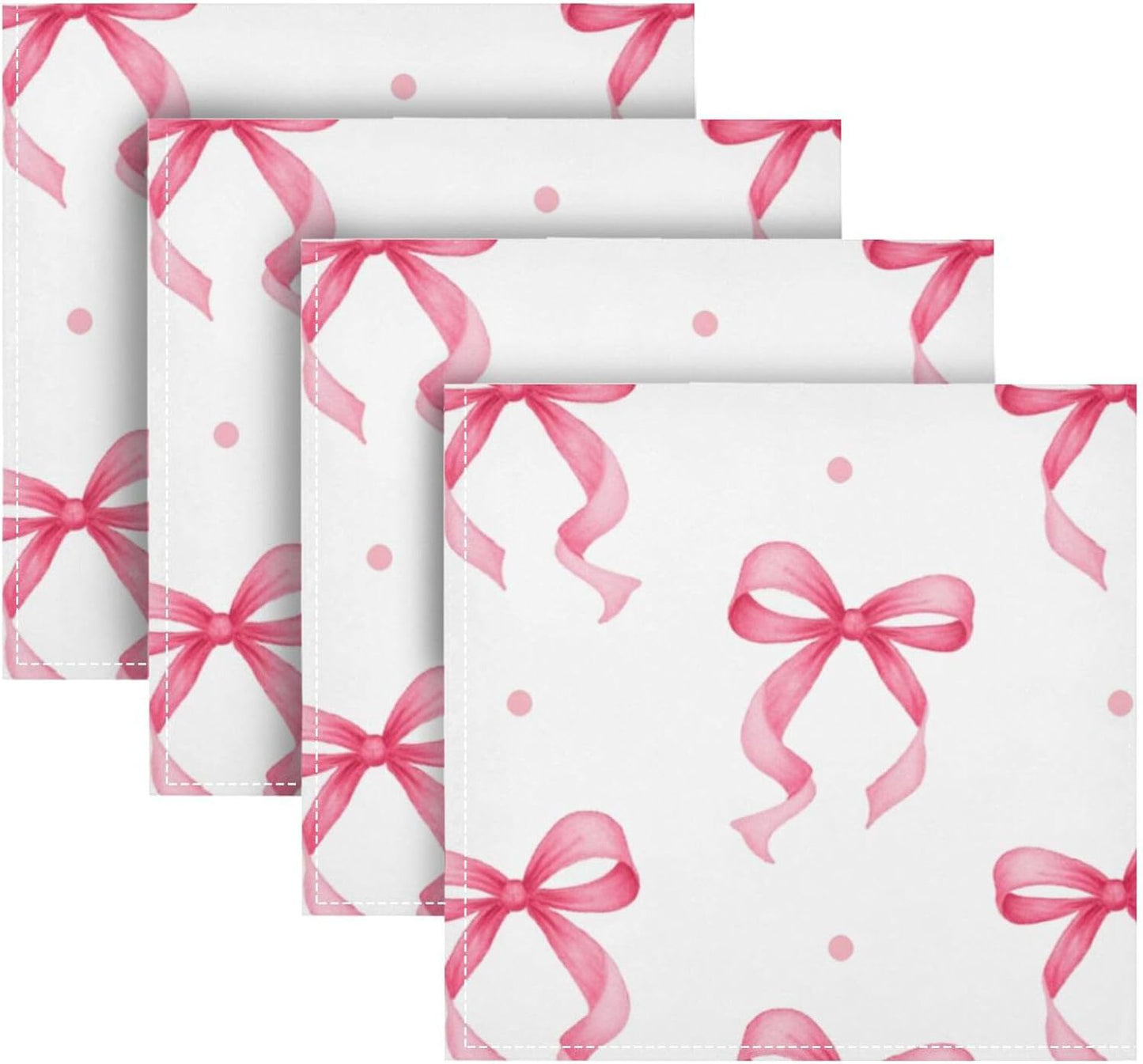 Cloth Napkins 4PCS, Pink Ribbon Bow Dots Pattern 20x20 Inch Reusable Dinner Washable Soft Absorbent Square Napkins for Dining Kitchen Party Decoration