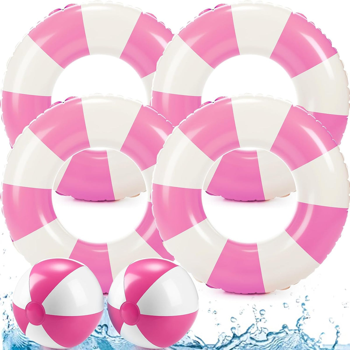 4 Pcs 35 Inch Jumbo Striped Inflatable Pool Floats with 2 pcs Beach Ball for Adults Swimming Pool Tubes for Summer Swimming Beach Party