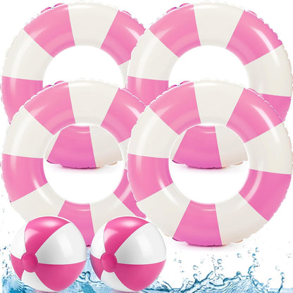 4 Pcs 35 Inch Jumbo Striped Inflatable Pool Floats with 2 pcs Beach Ball for Adults Swimming Pool Tubes for Summer Swimming Beach Party