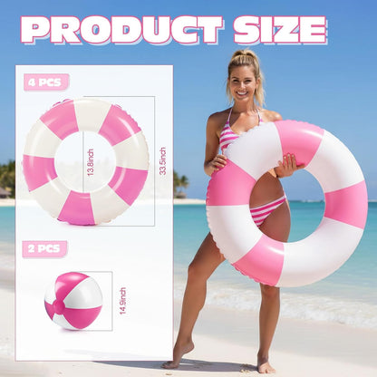 4 Pcs 35 Inch Jumbo Striped Inflatable Pool Floats with 2 pcs Beach Ball for Adults Swimming Pool Tubes for Summer Swimming Beach Party