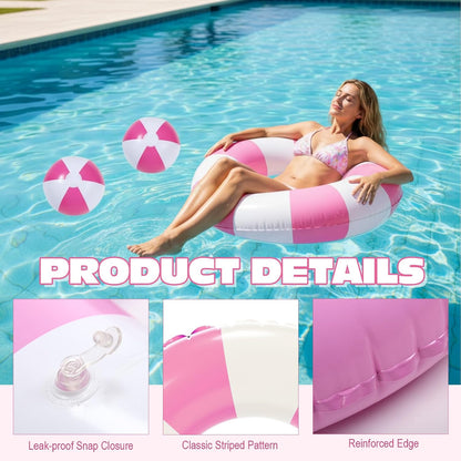 4 Pcs 35 Inch Jumbo Striped Inflatable Pool Floats with 2 pcs Beach Ball for Adults Swimming Pool Tubes for Summer Swimming Beach Party