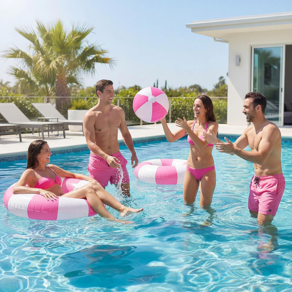 4 Pcs 35 Inch Jumbo Striped Inflatable Pool Floats with 2 pcs Beach Ball for Adults Swimming Pool Tubes for Summer Swimming Beach Party