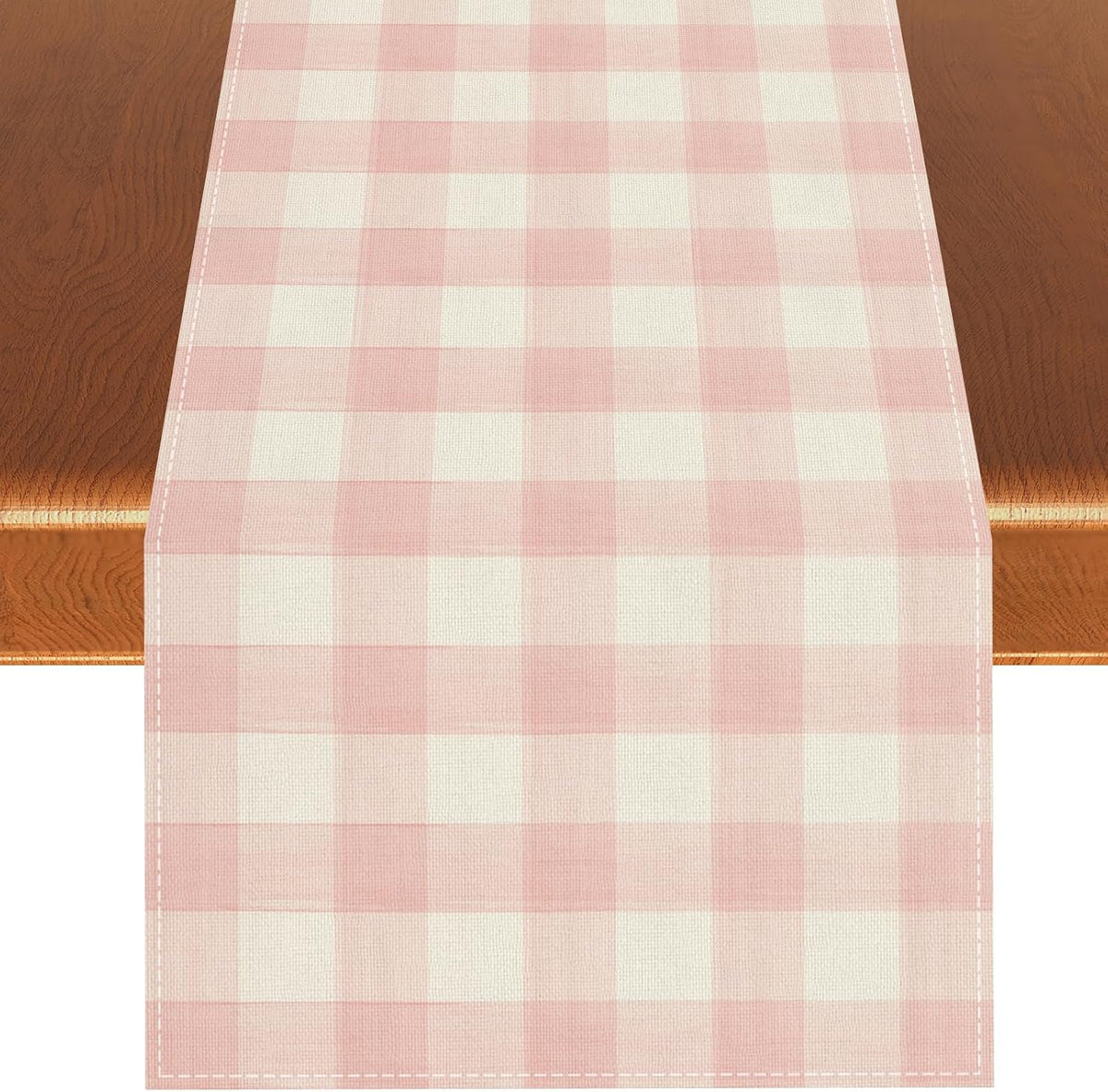 Watercolor Pink White Buffalo Check Plaid Table Runner Gingham Tablecloth Farmhouse Spring Summer Easter Home Kitchen Table Decorations-13×72''(Pink and White)