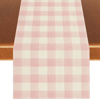 Watercolor Pink White Buffalo Check Plaid Table Runner Gingham Tablecloth Farmhouse Spring Summer Easter Home Kitchen Table Decorations-13×72''(Pink and White)