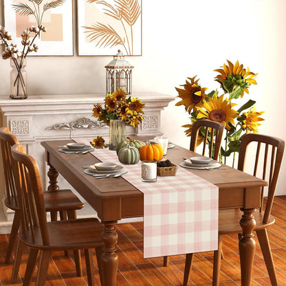 Watercolor Pink White Buffalo Check Plaid Table Runner Gingham Tablecloth Farmhouse Spring Summer Easter Home Kitchen Table Decorations-13×72''(Pink and White)