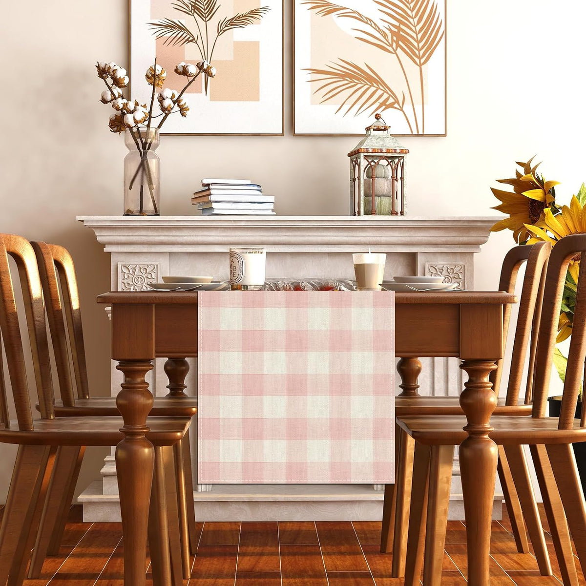 Watercolor Pink White Buffalo Check Plaid Table Runner Gingham Tablecloth Farmhouse Spring Summer Easter Home Kitchen Table Decorations-13×72''(Pink and White)
