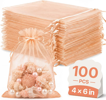 100PCS Peach Champagne Sheer Organza Bags 4x6 in, Goodie Bags Bulk