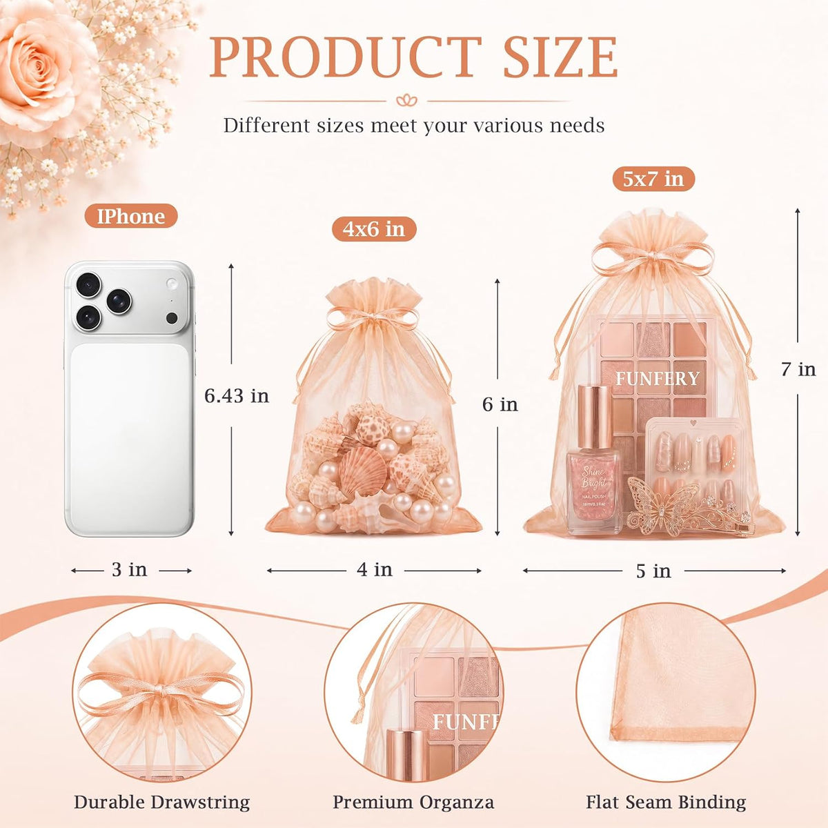 100PCS Peach Champagne Sheer Organza Bags 4x6 in, Goodie Bags Bulk