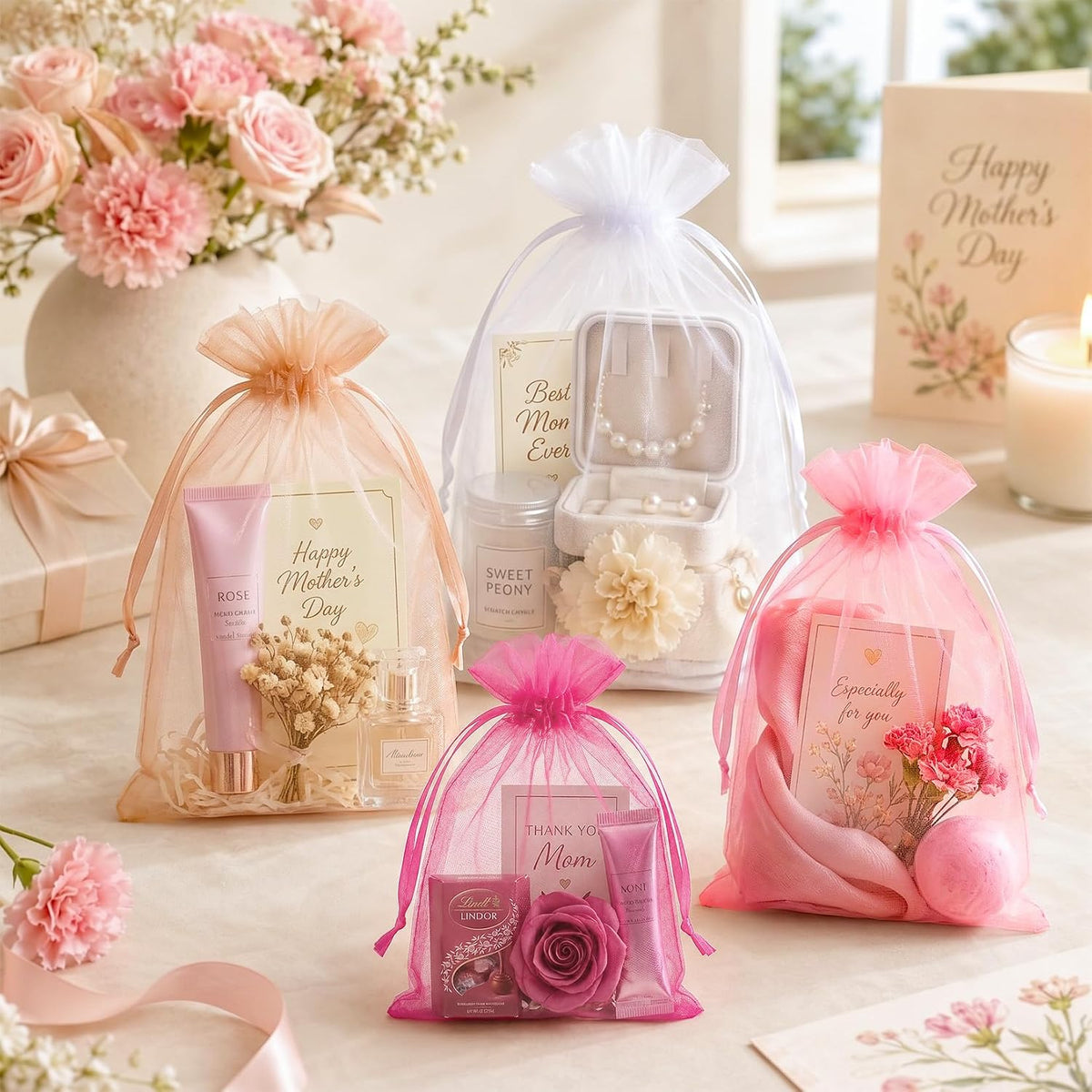 100PCS Peach Champagne Sheer Organza Bags 4x6 in, Goodie Bags Bulk