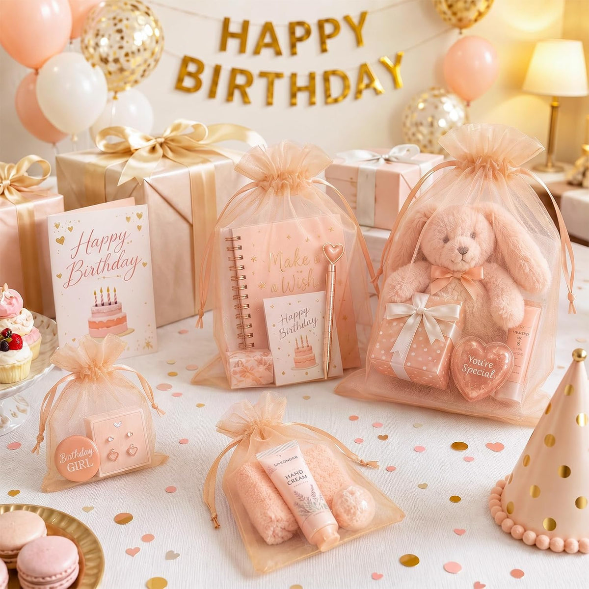 100PCS Peach Champagne Sheer Organza Bags 4x6 in, Goodie Bags Bulk