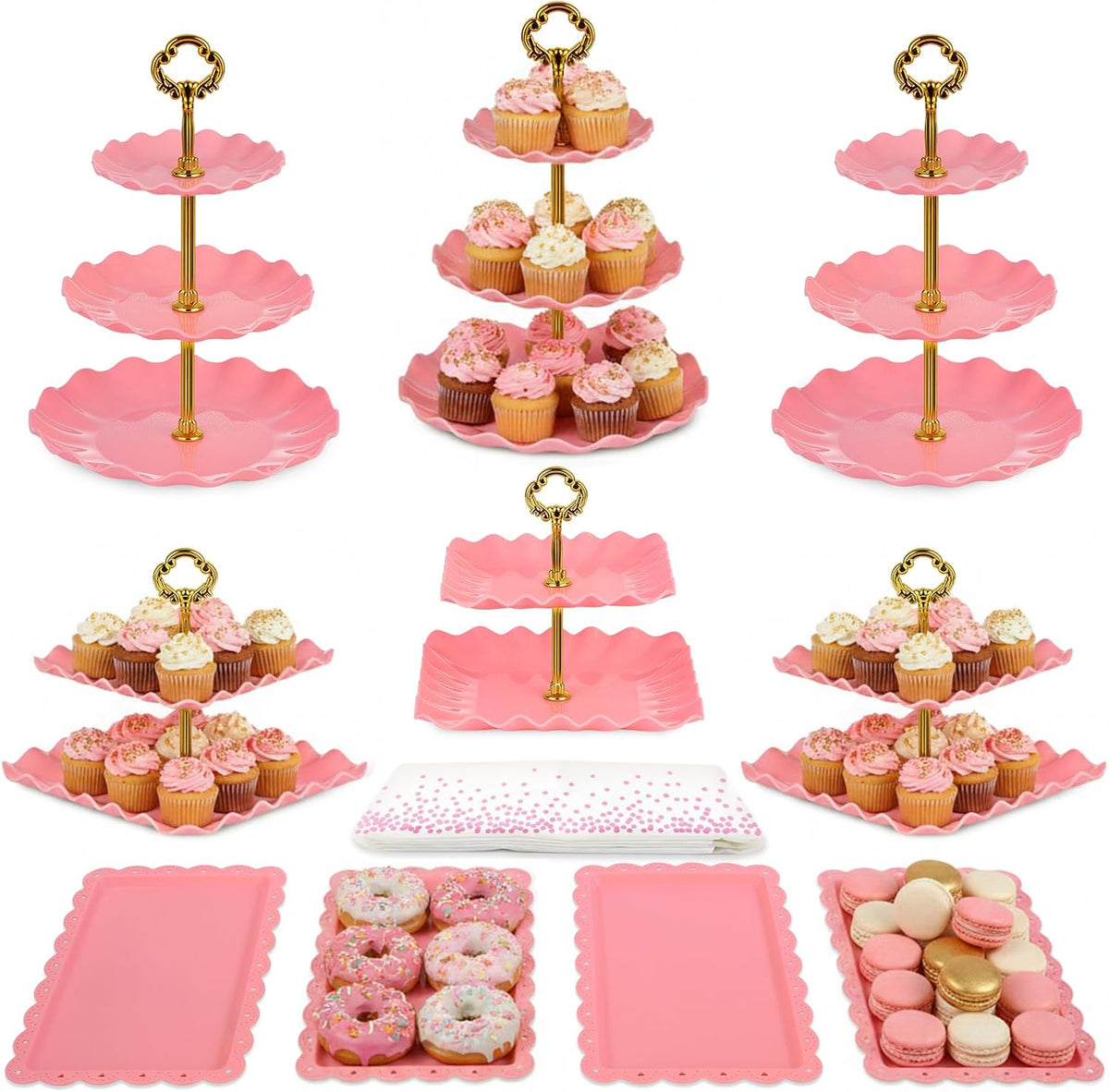 Pack of 11 Cake Stand Set of Cupcake Stand, Tray & Table Cloth (Pink)