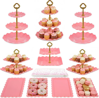 Pack of 11 Cake Stand Set of Cupcake Stand, Tray & Table Cloth (Pink)
