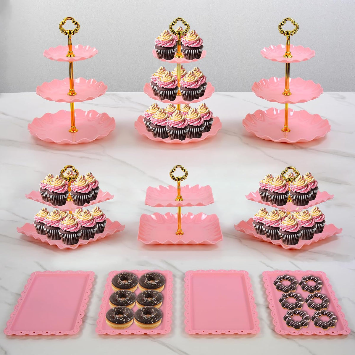 Pack of 11 Cake Stand Set of Cupcake Stand, Tray & Table Cloth (Pink)