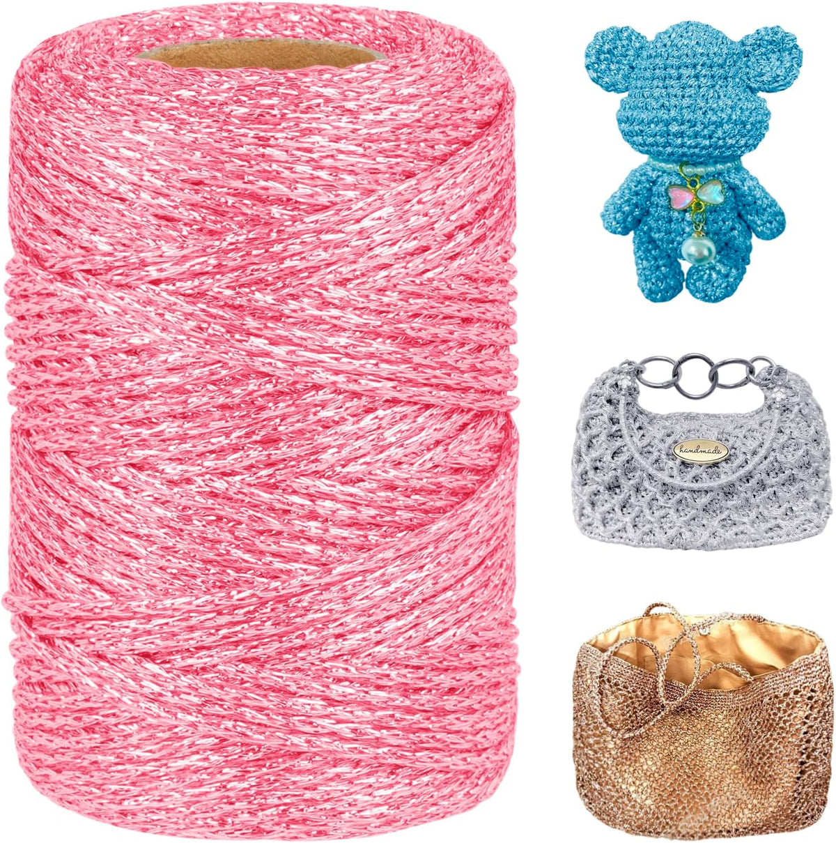 Metallic Sparkle Yarn 3mm x 109 Yards Polyester Yarn for Crocheting Braided Glitter Crochet Bag Macrame Cord for Crocheting Handbag, Hat, Basket, DIY Crafts (Pink)