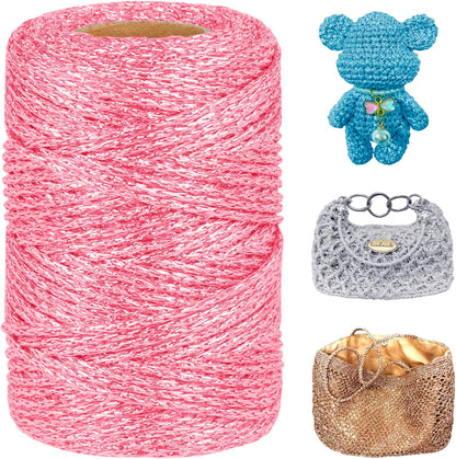 Metallic Sparkle Yarn 3mm x 109 Yards Polyester Yarn for Crocheting Braided Glitter Crochet Bag Macrame Cord for Crocheting Handbag, Hat, Basket, DIY Crafts (Pink)