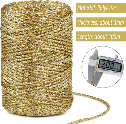 Metallic Sparkle Yarn 3mm x 109 Yards Polyester Yarn for Crocheting Braided Glitter Crochet Bag Macrame Cord for Crocheting Handbag, Hat, Basket, DIY Crafts (Pink)