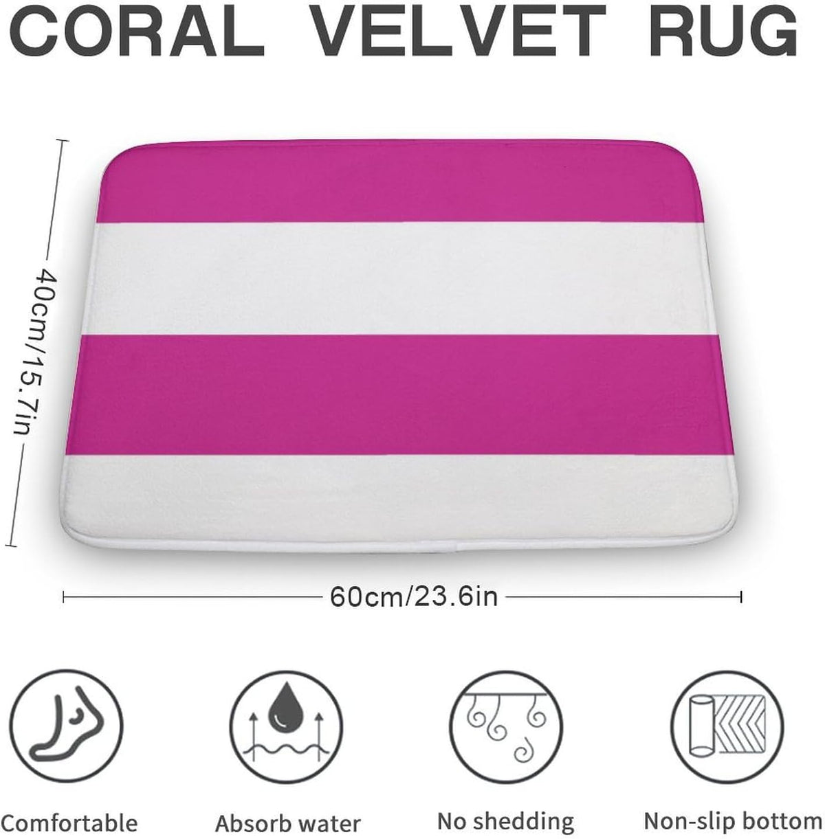 Bright Pink and White Simple Stripes Bathroom Rug, Non Slip & Soft Absorbent Bath Mat Carpets for Bathroom 16" x 24"